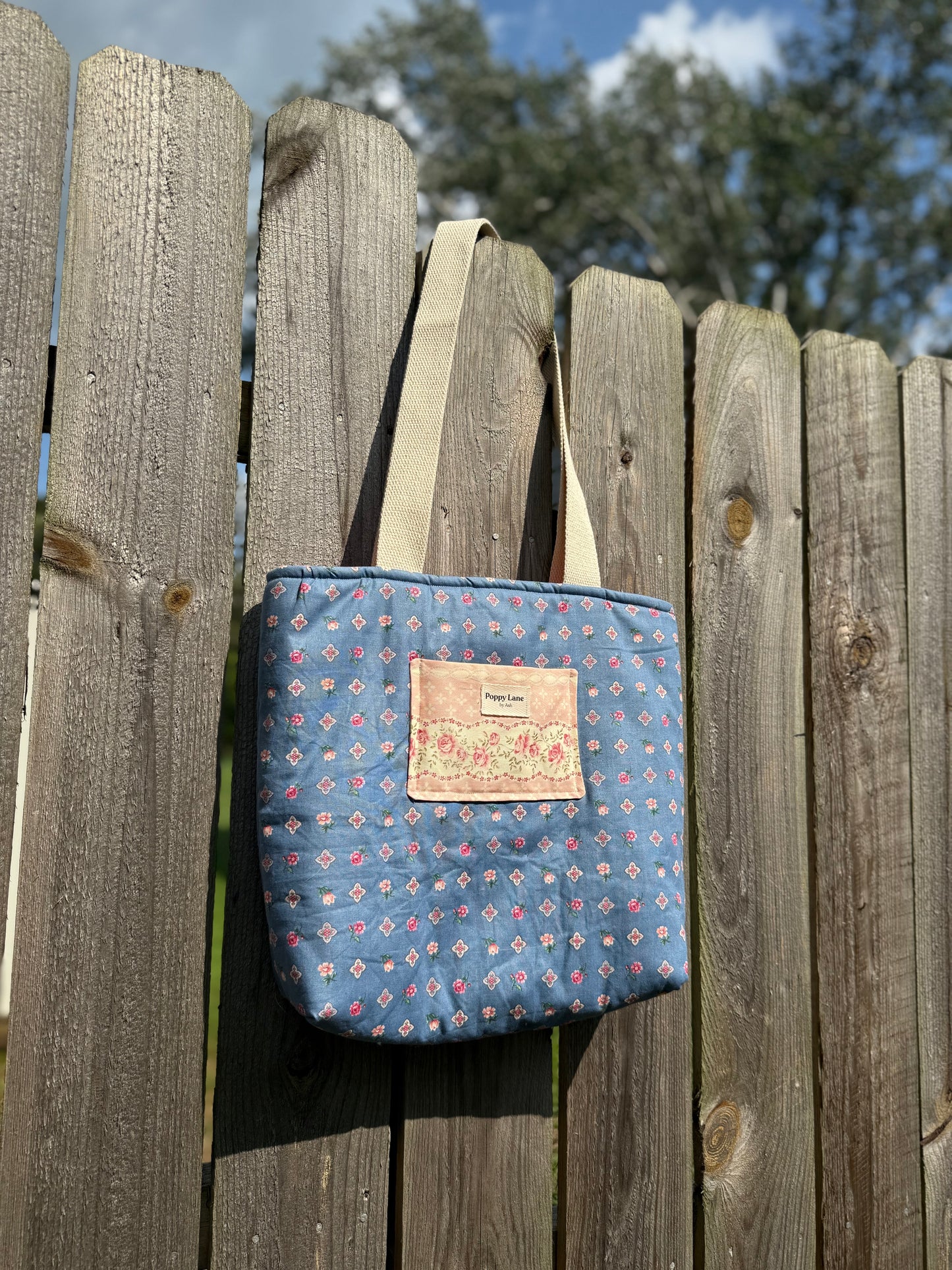 Quilted Blue Floral Tote Bag with Pocket