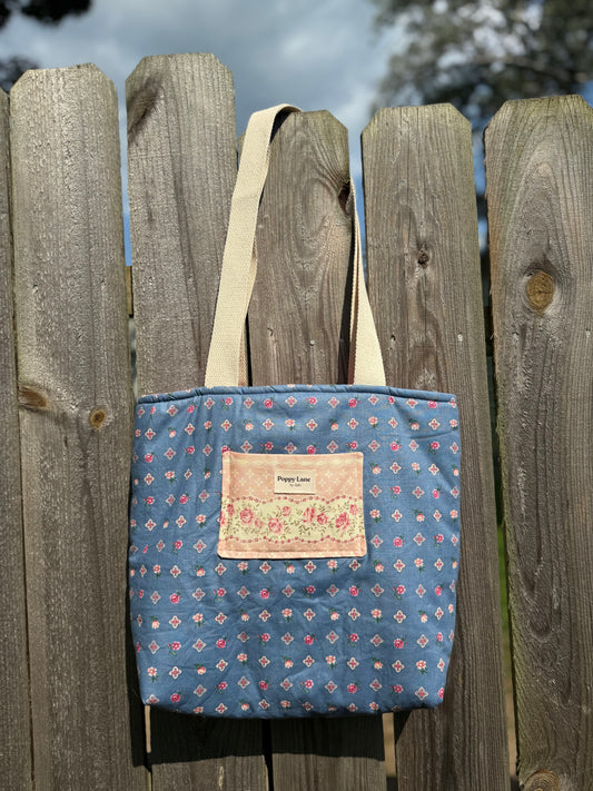 Quilted Blue Floral Tote Bag with Pocket