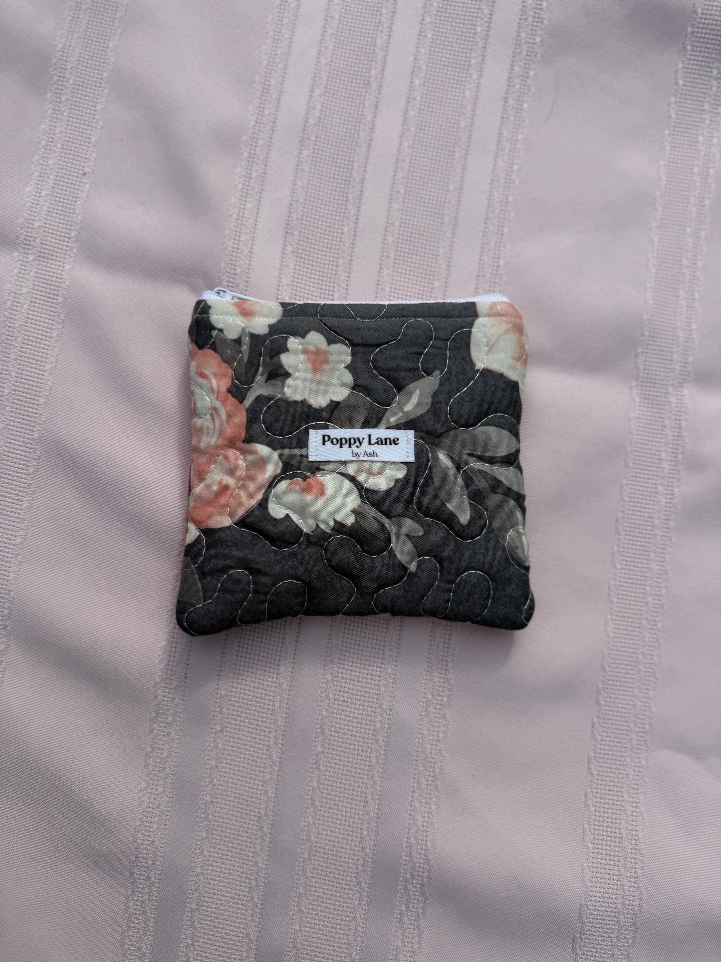 Gray & Blush Rose Quilted Pouch