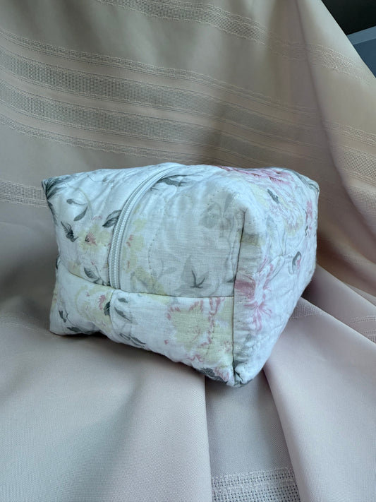 White Quilted Floral Makeup Bag