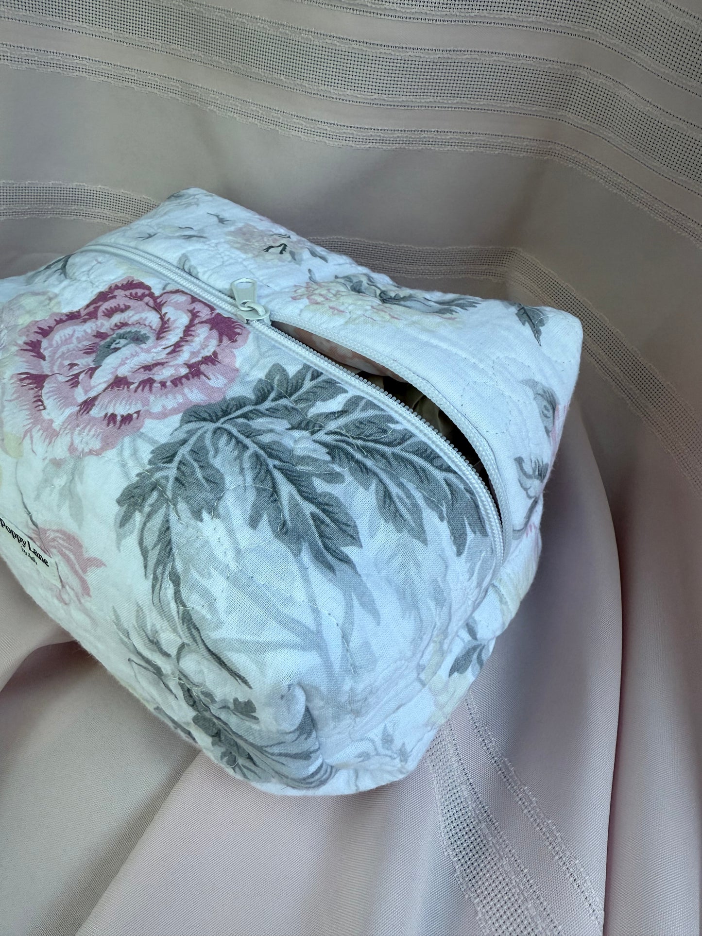 White Quilted Floral Makeup Bag