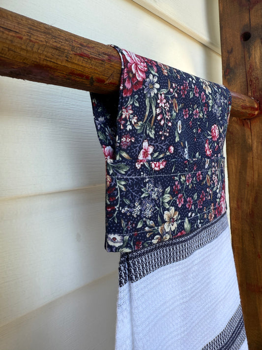 Navy Floral Stripe- Handmade Hanging Towel