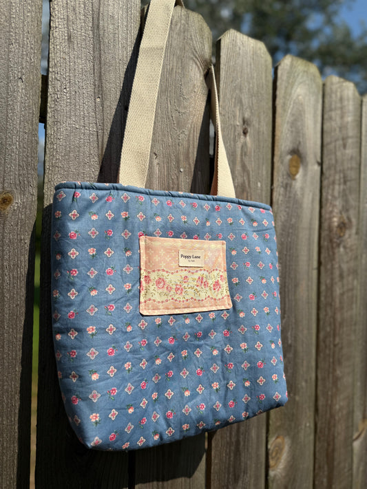 Quilted Blue Floral Tote Bag with Pocket