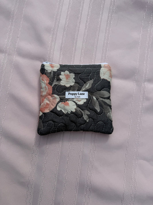 Gray & Blush Rose Quilted Pouch