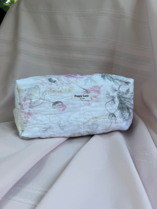 White Quilted Floral Makeup Bag