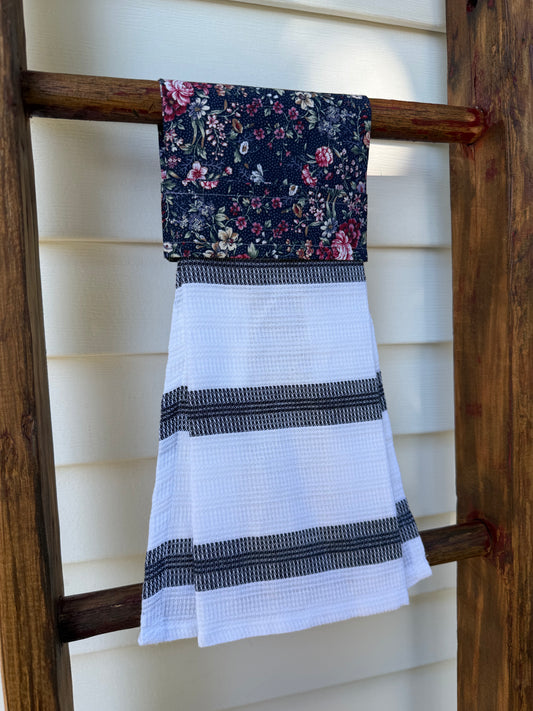 Navy Floral Stripe- Handmade Hanging Towel